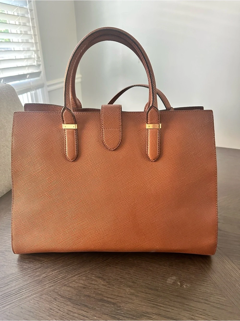 Ralph Lauren Cognac Textured Leather Satchel with Gold Logo